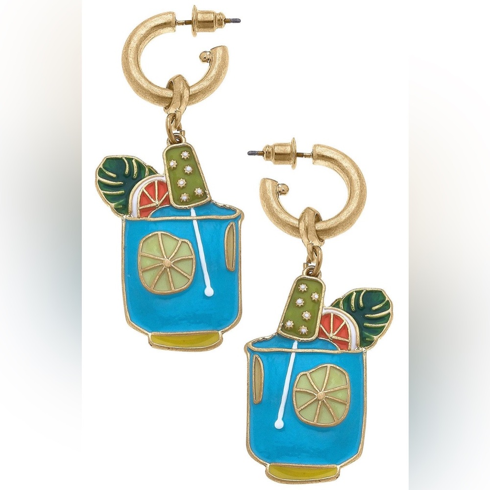🆕 🆕 Poolside Cocktail Enamel Drop Hoop Earrings in Aqua Multi